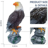 Bald eagle statue perched on a rock base; product diagram lists 12.59 in height and 8.26 in width, with close-up insets of feathers and talons.