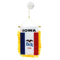 Hanging Iowa state flag with colorful fringe on a white background