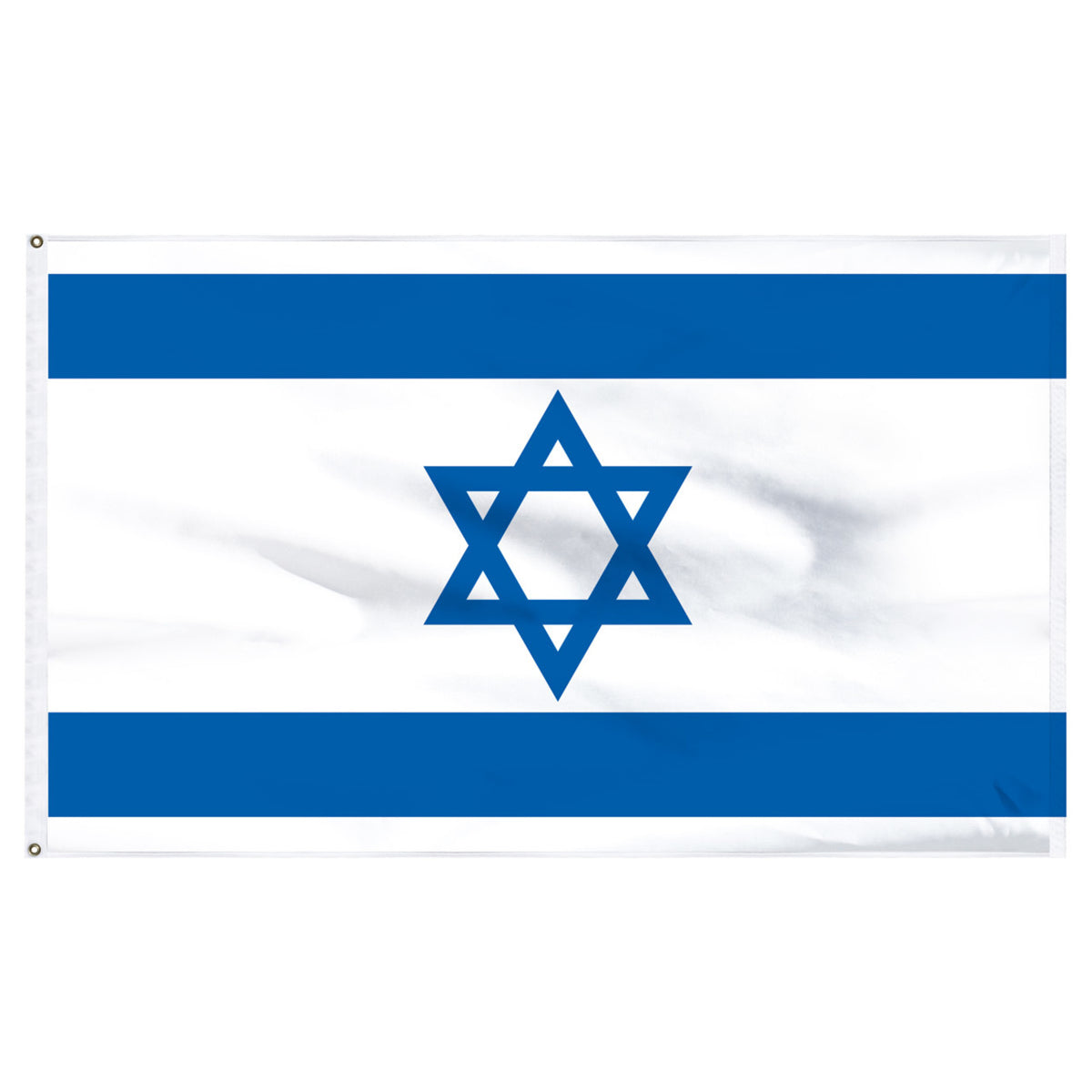 White flag of Israel with two blue horizontal stripes with one on the top and one on the bottom.  A blue Star of David is in the center of the flag.