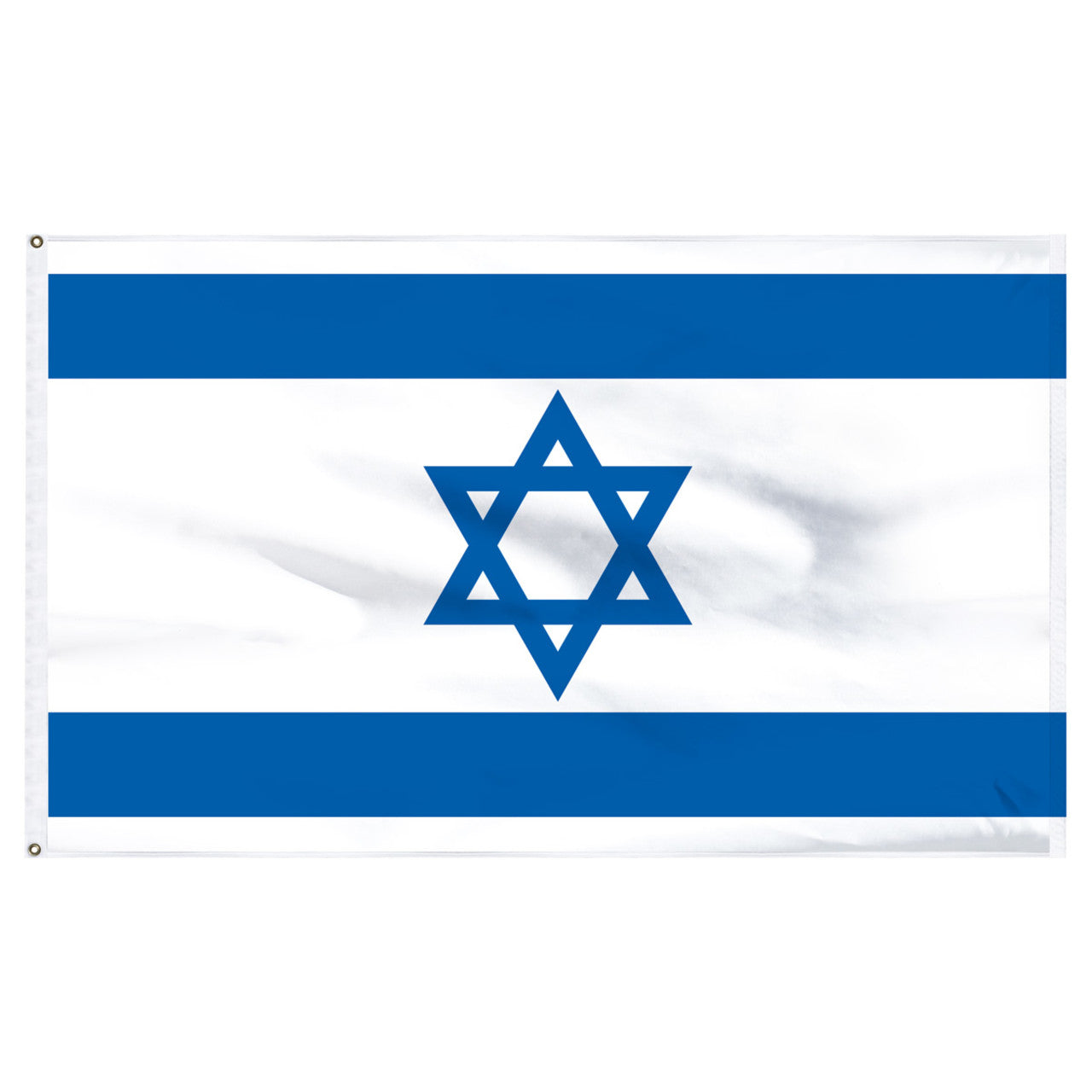 White flag of Israel with two blue horizontal stripes with one on the top and one on the bottom.  A blue Star of David is in the center of the flag.