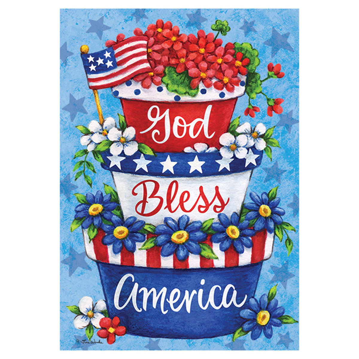 Decorative flag with patriotic elements and flowers on a blue background
