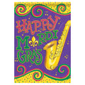 Colorful 'Happy Mardi Gras' banner with a saxophone on a purple background