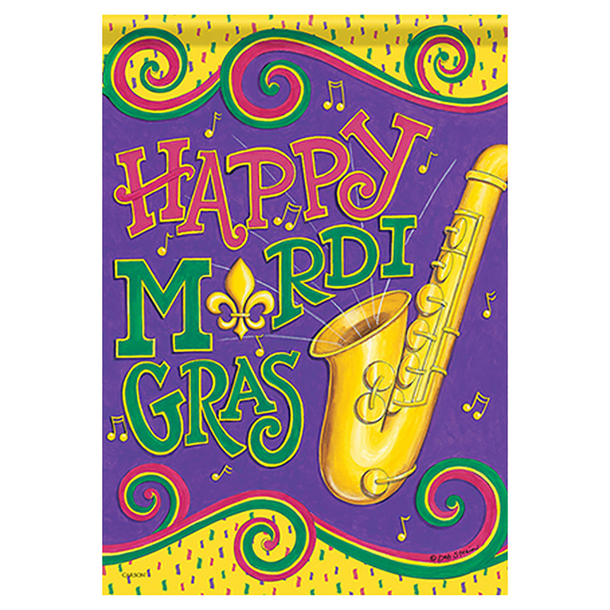 Colorful 'Happy Mardi Gras' banner with a saxophone on a purple background