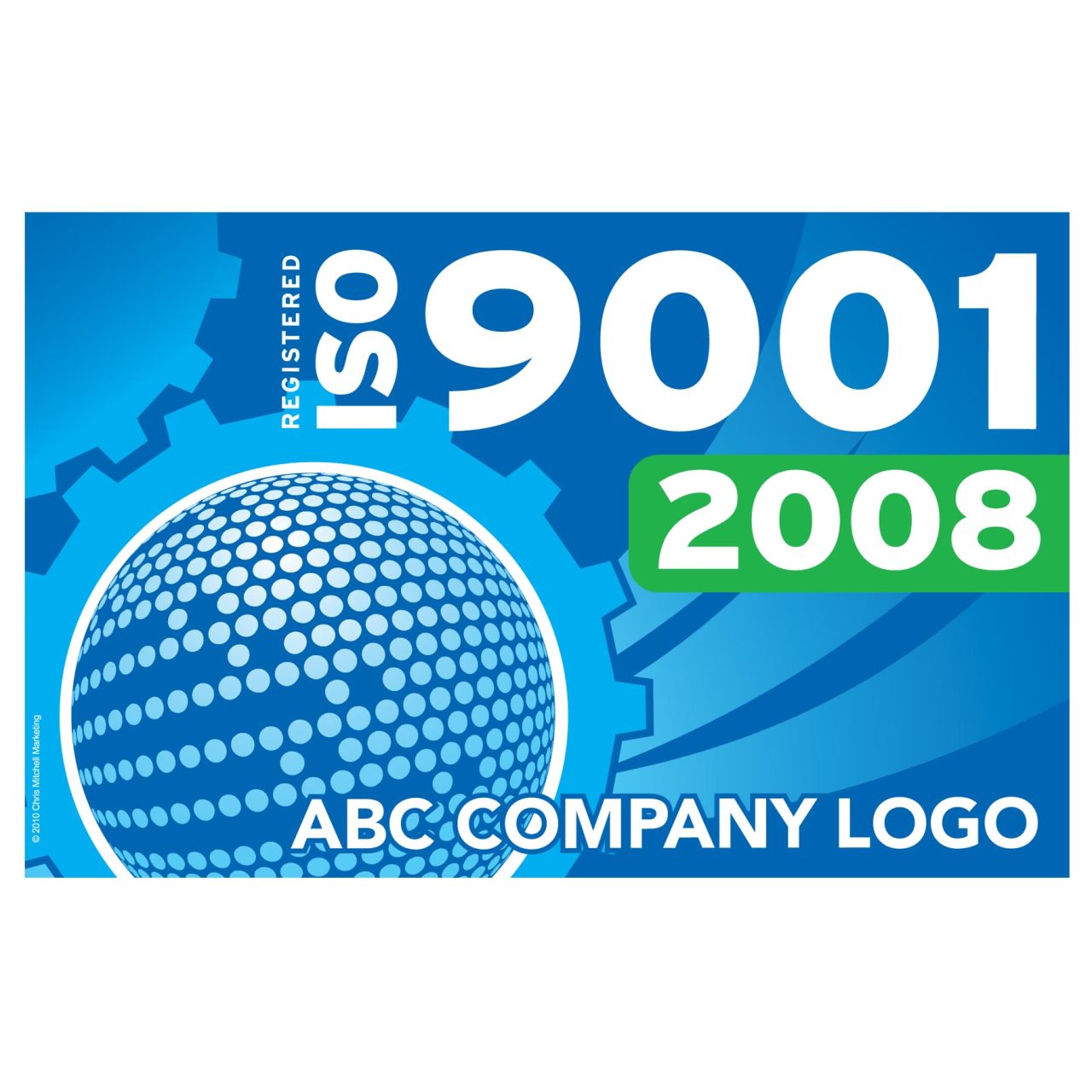 ISO 9001 2008 certification logo with a globe design on a blue background.