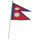 Five-sided flag of Nepal in a stacked red triangular design with blue border and features a white crescent with a white sun and another white sun