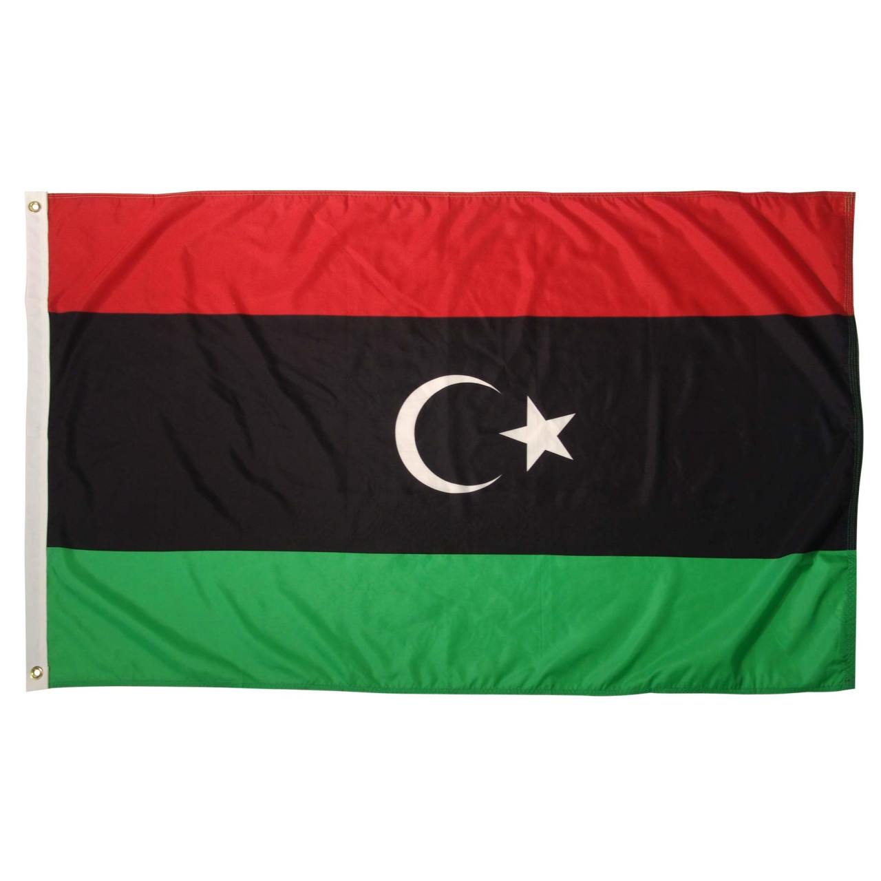Red, black, and green flag of Libya with a white crescent moon and a star
