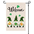 Decorative garden flag with gnomes and 'Welcome' text on a white background