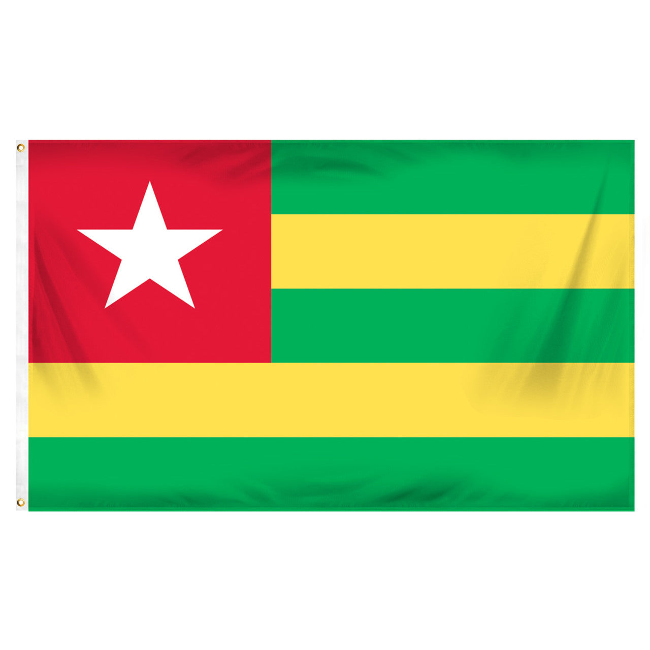 Togo flag with red, green, and yellow horizontal stripes and a white star on a white background