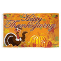 Thanksgiving-themed banner with a turkey, pumpkins, and fall leaves on an orange background.