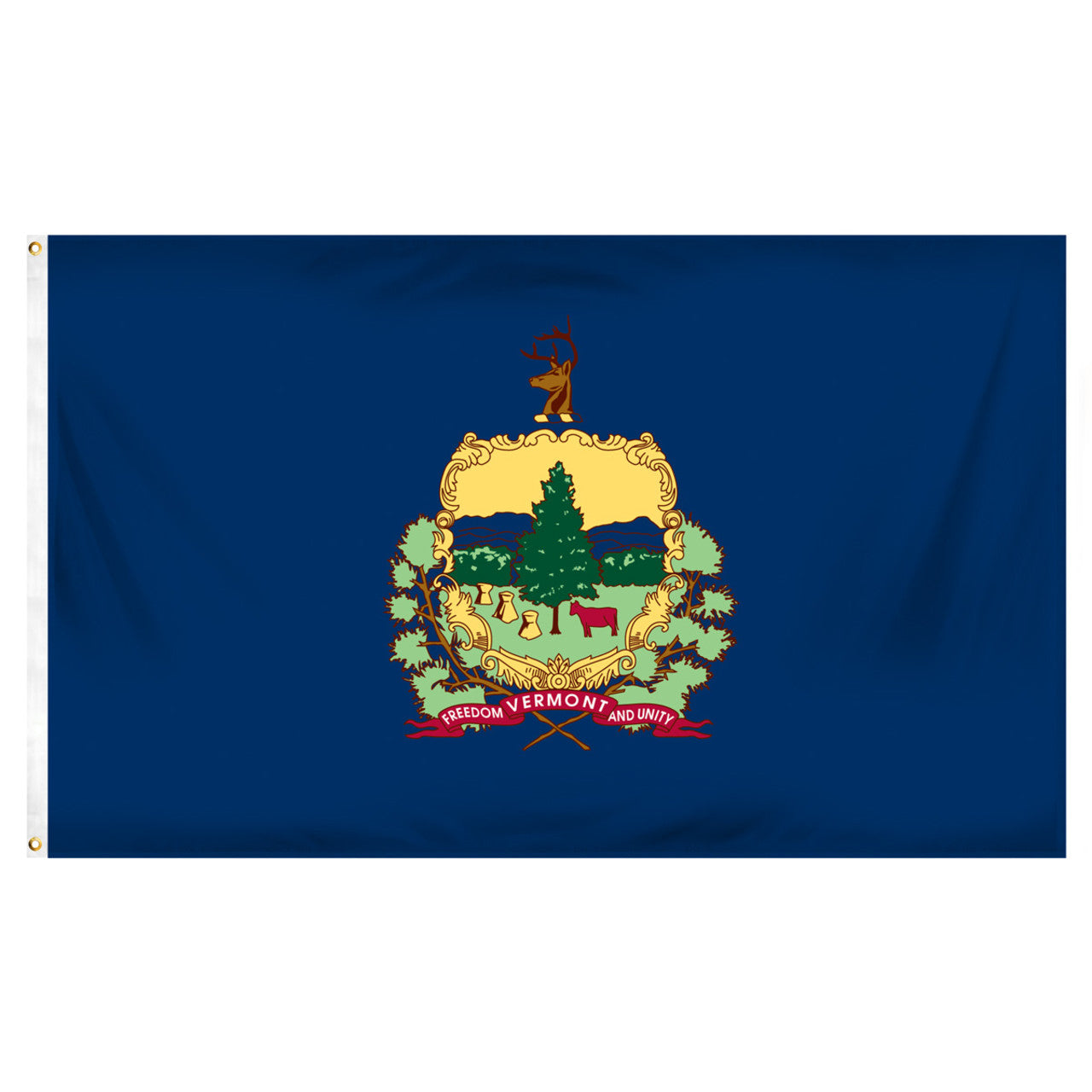 Vermont state flag featuring the full-color state coat of arms and 'Vermont, Freedom and Unity' motto on a solid azure blue field.