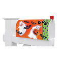 Halloween-themed mailbox cover with ghosts, pumpkins, and bats on an orange background.