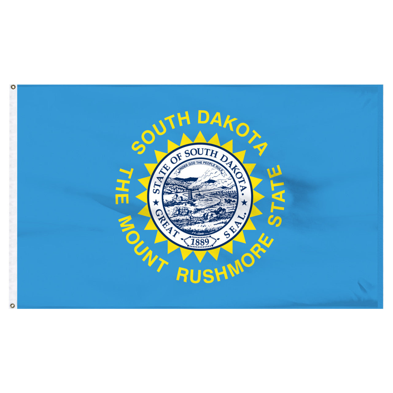 State of South Dakota state flag featuring the full-color state seal, gold sunburst, and 'South Dakota, The Mount Rushmore State' text on a solid sky-blue field
