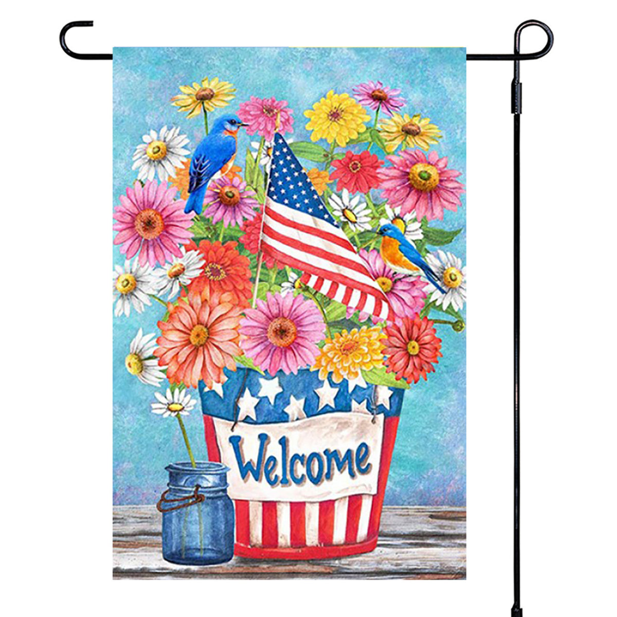Decorative garden flag with flowers, birds, and an American flag on a blue background.