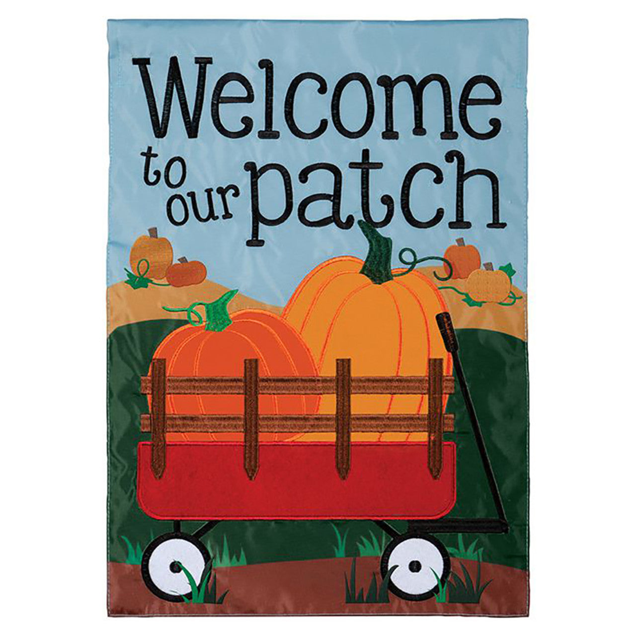 Decorative garden flag with pumpkins and a wagon, featuring the text 'Welcome to our patch'.