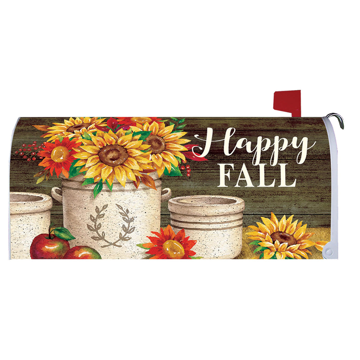 Decorative mailbox cover with sunflowers, apples, and 'Happy Fall' text on a wooden background.