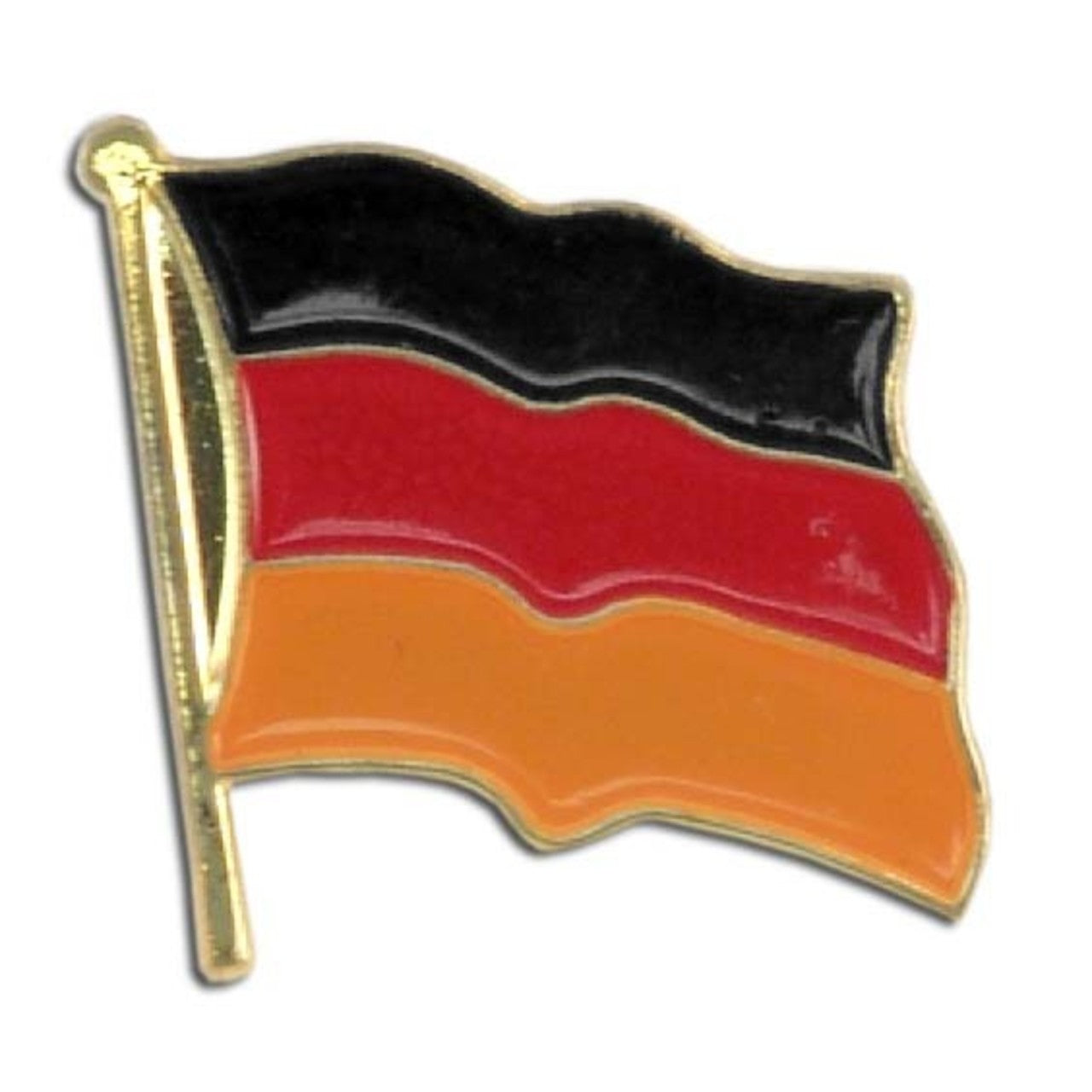 German flag pin with black, red, and orange colors on a white background