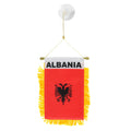 Small flag of Albania with a red background, yellow fringe, and black eagle emblem on a white background.
