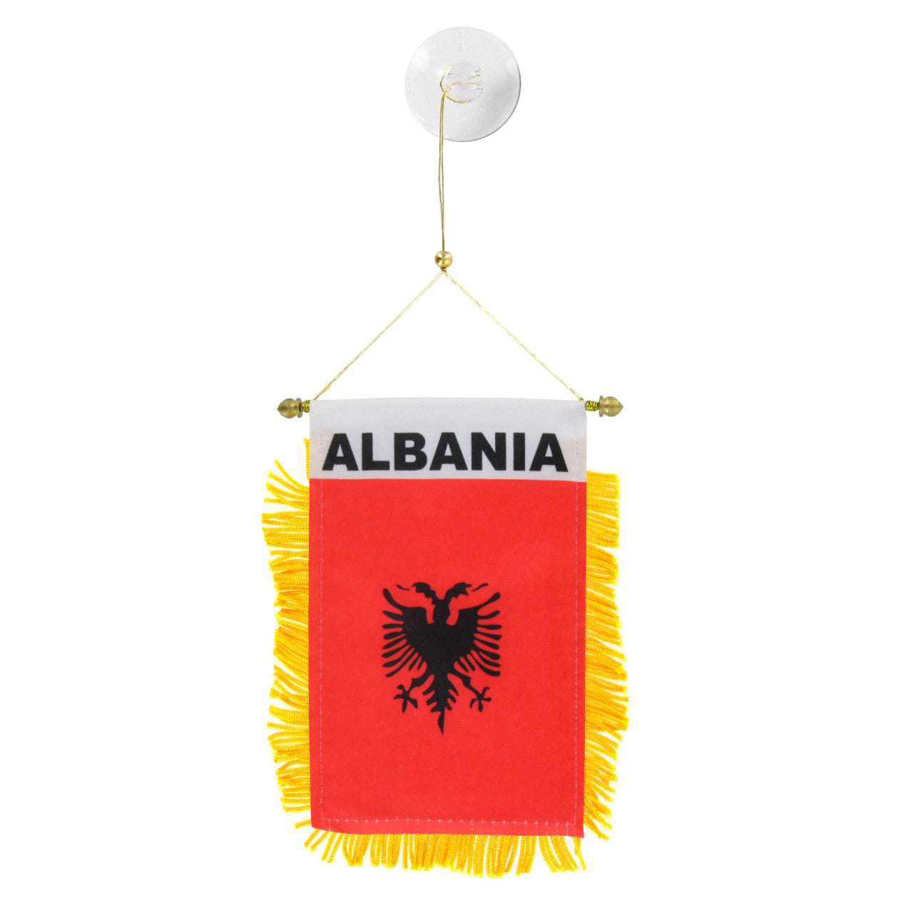 Small flag of Albania with a red background, yellow fringe, and black eagle emblem on a white background.