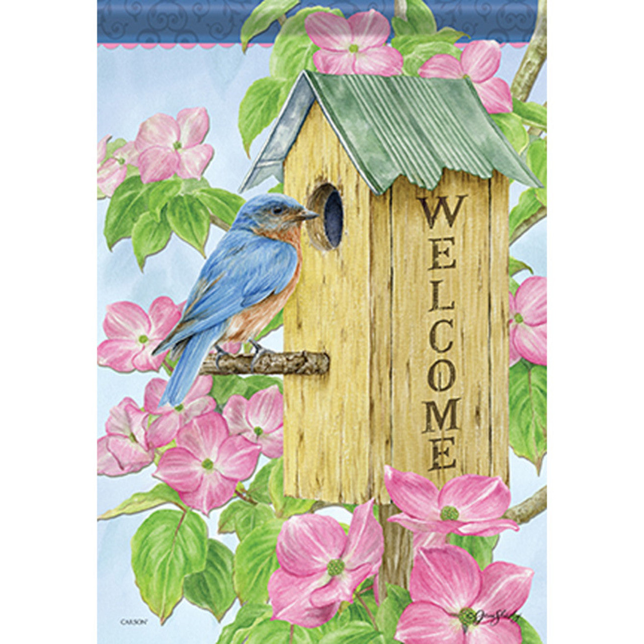 Decorative garden flag with a bluebird, birdhouse, and pink flowers.