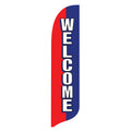 Red and blue feather flag with 'WELCOME' text on a white background