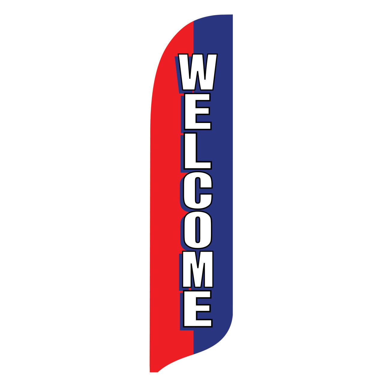 Red and blue feather flag with 'WELCOME' text on a white background