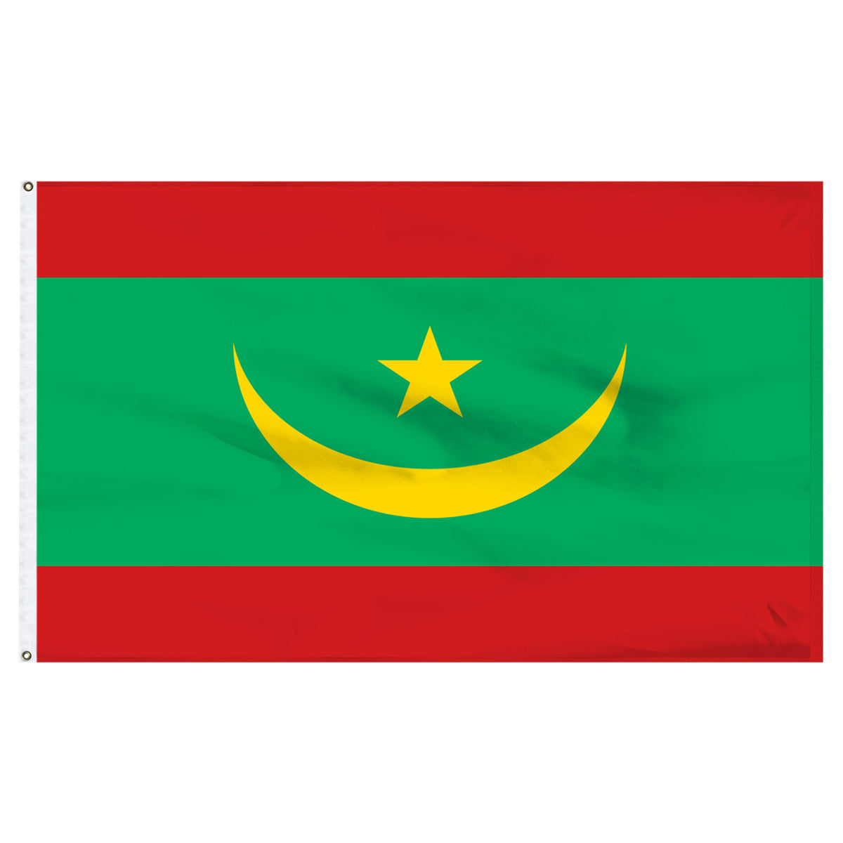 Mauritania flag with red and green horizontal stripes and a yellow star and crescent moon in the center.