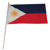 Flag of the Philippines with a blue, white, and red background featuring a yellow sun and stars.