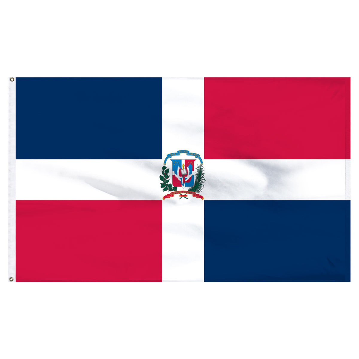 Flag of the Dominican Republic with a coat of arms in the center of a horizontal white strip intersecting a vertical white stripe and two blue corners and two red corners.
