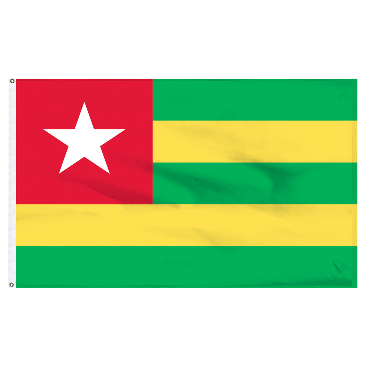 Togo flag with red, green, and yellow horizontal stripes and a white star on a white background