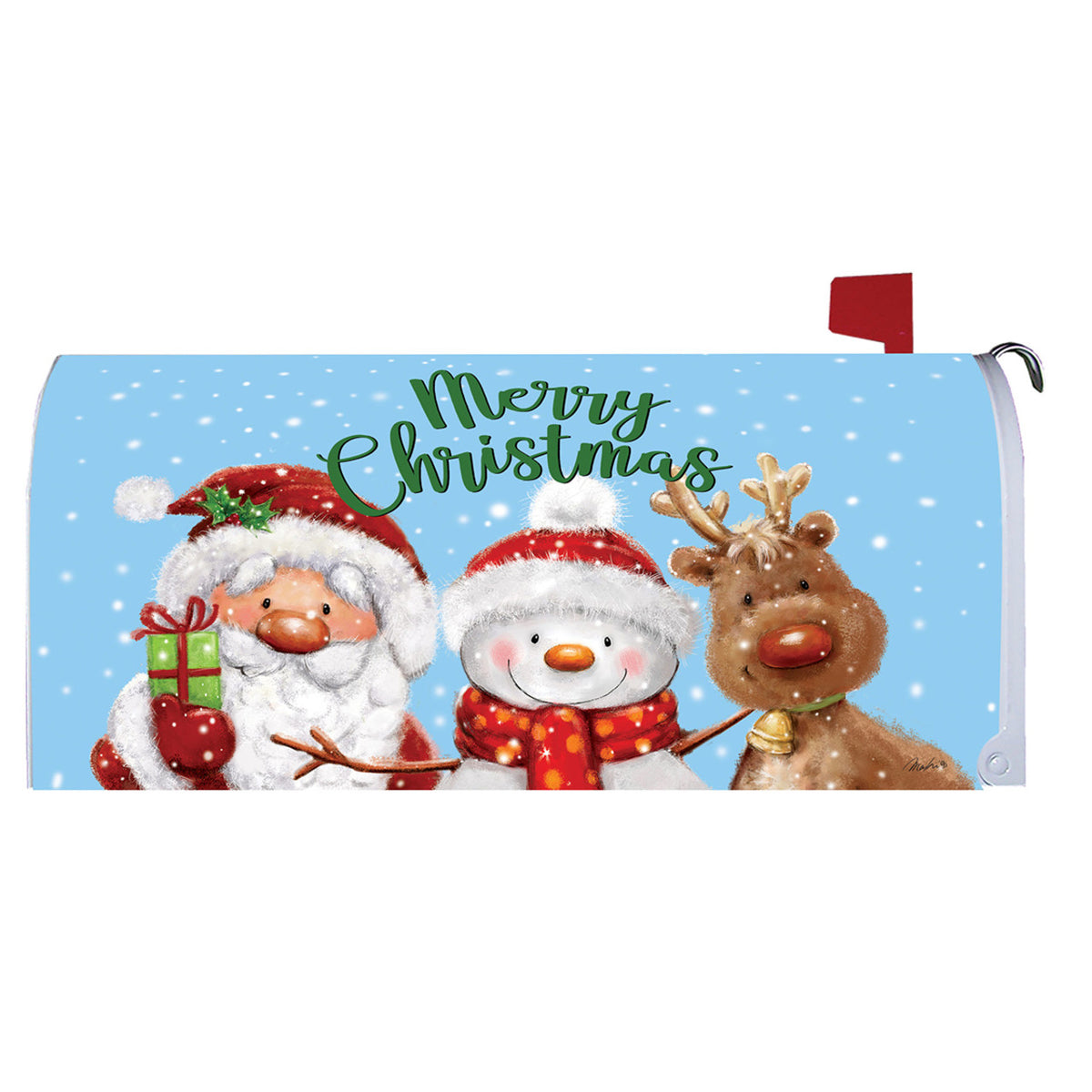 Christmas-themed mailbox cover with Santa, snowman, and reindeer against a blue snowy background.