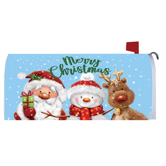 Christmas-themed mailbox cover with Santa, snowman, and reindeer against a blue snowy background.