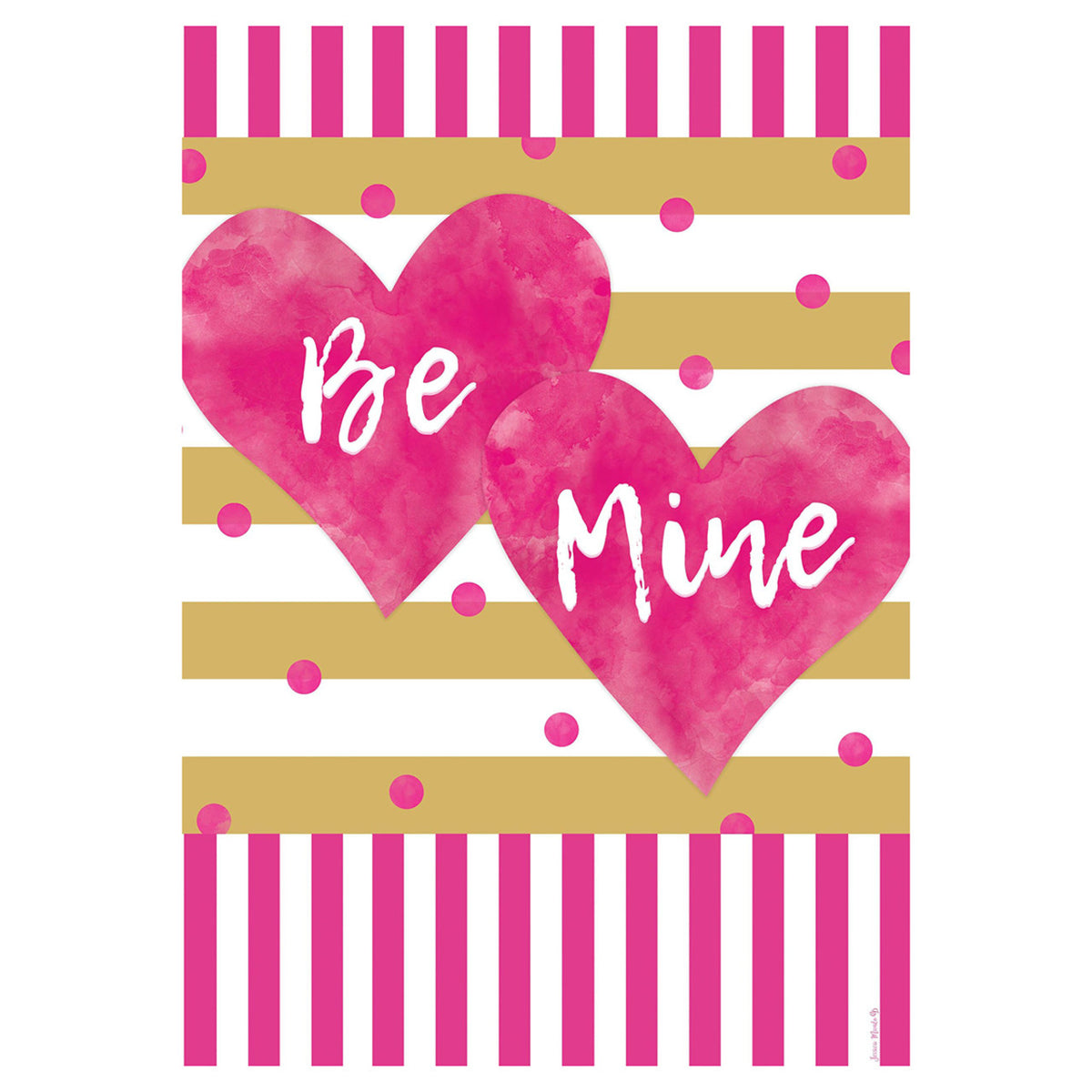 Garden flag with two pink hearts with 'Be Mine' text on a striped background