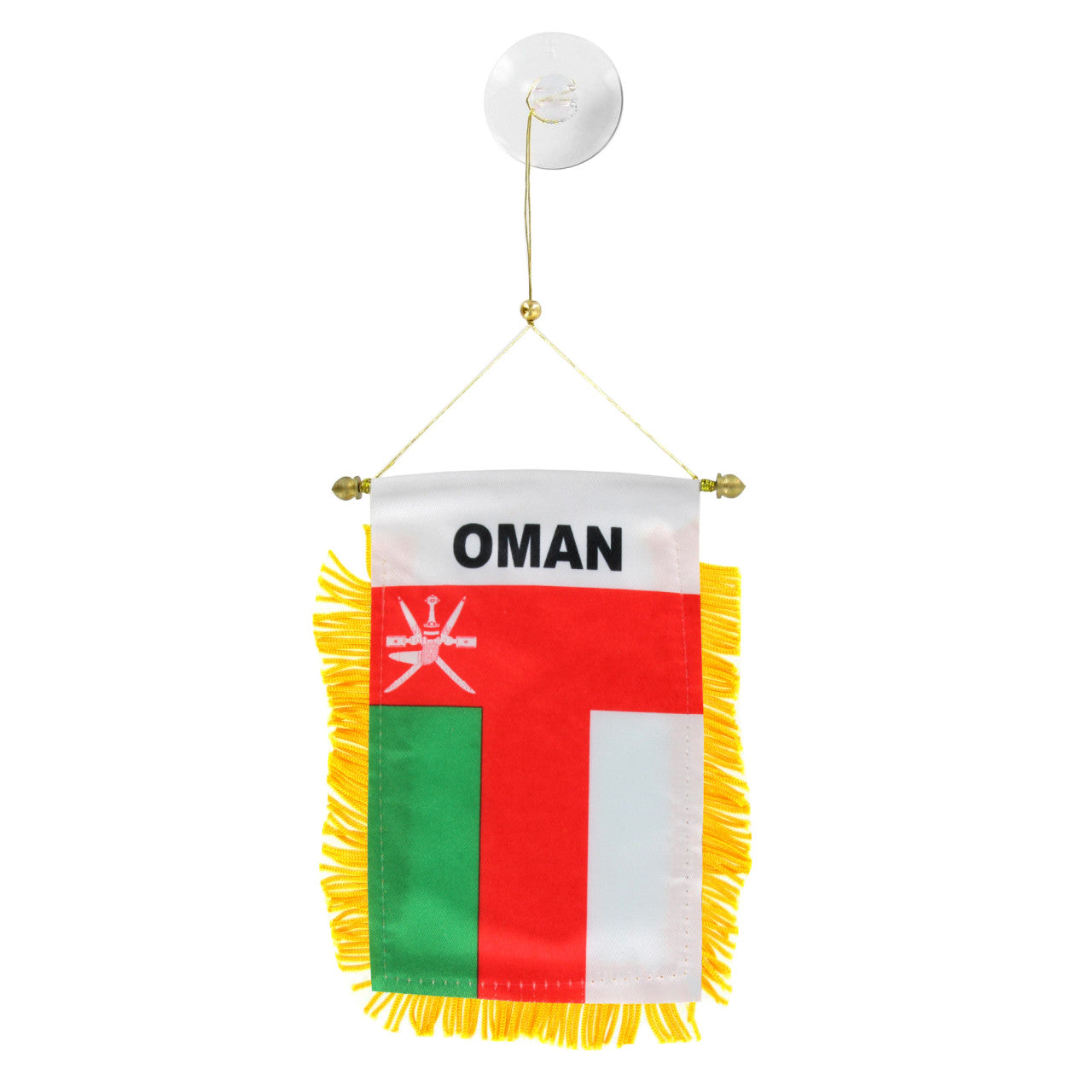 Mini window banner flag of Oman with red, white, and green colors on a white background.  Oman is written on the top and yellow fringe surrounds the flag.