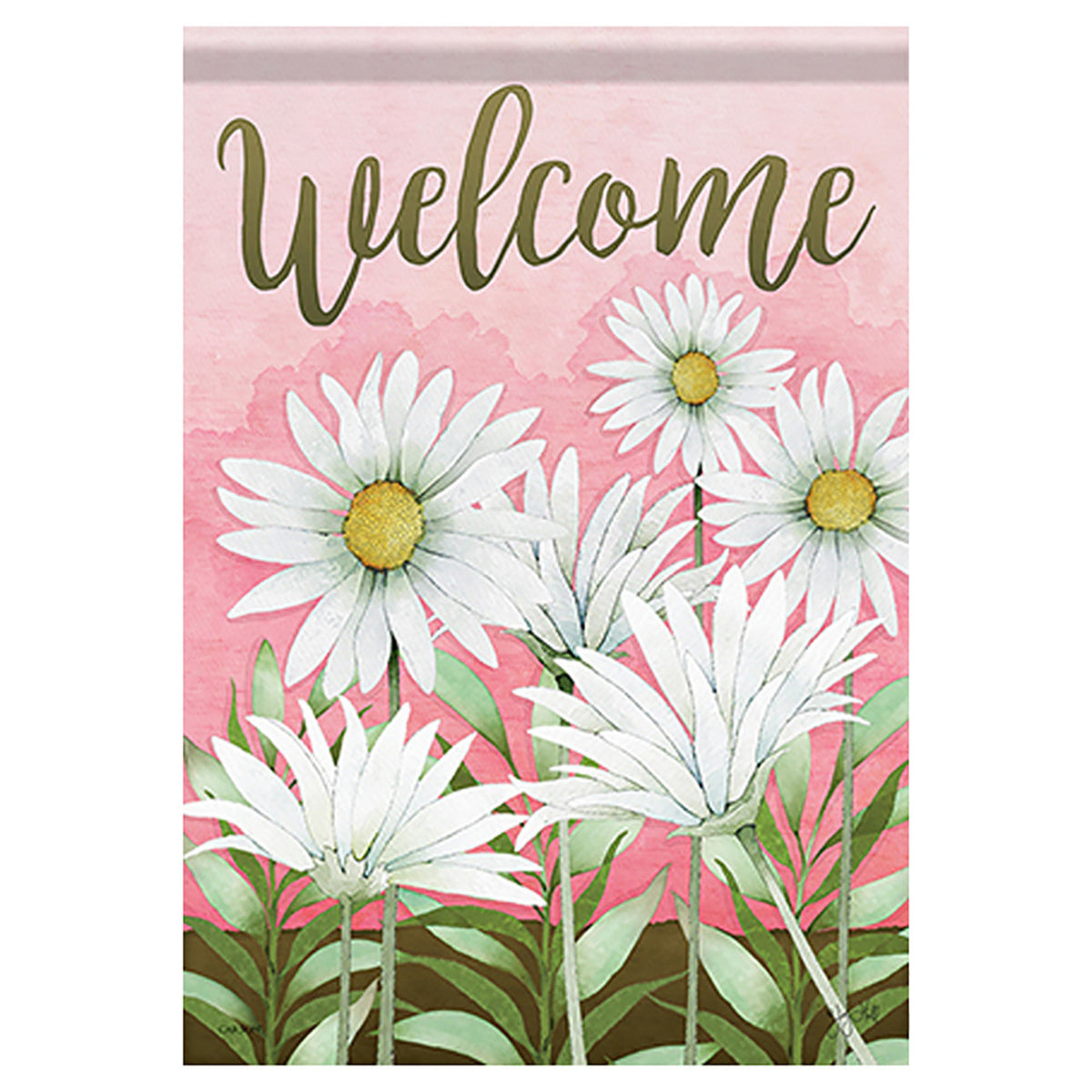 Decorative banner with white daisies and the word 'Welcome' on a pink background