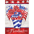 Decorative flag with American flag design, flowers, and 'Let Freedom Ring' text on a white background.