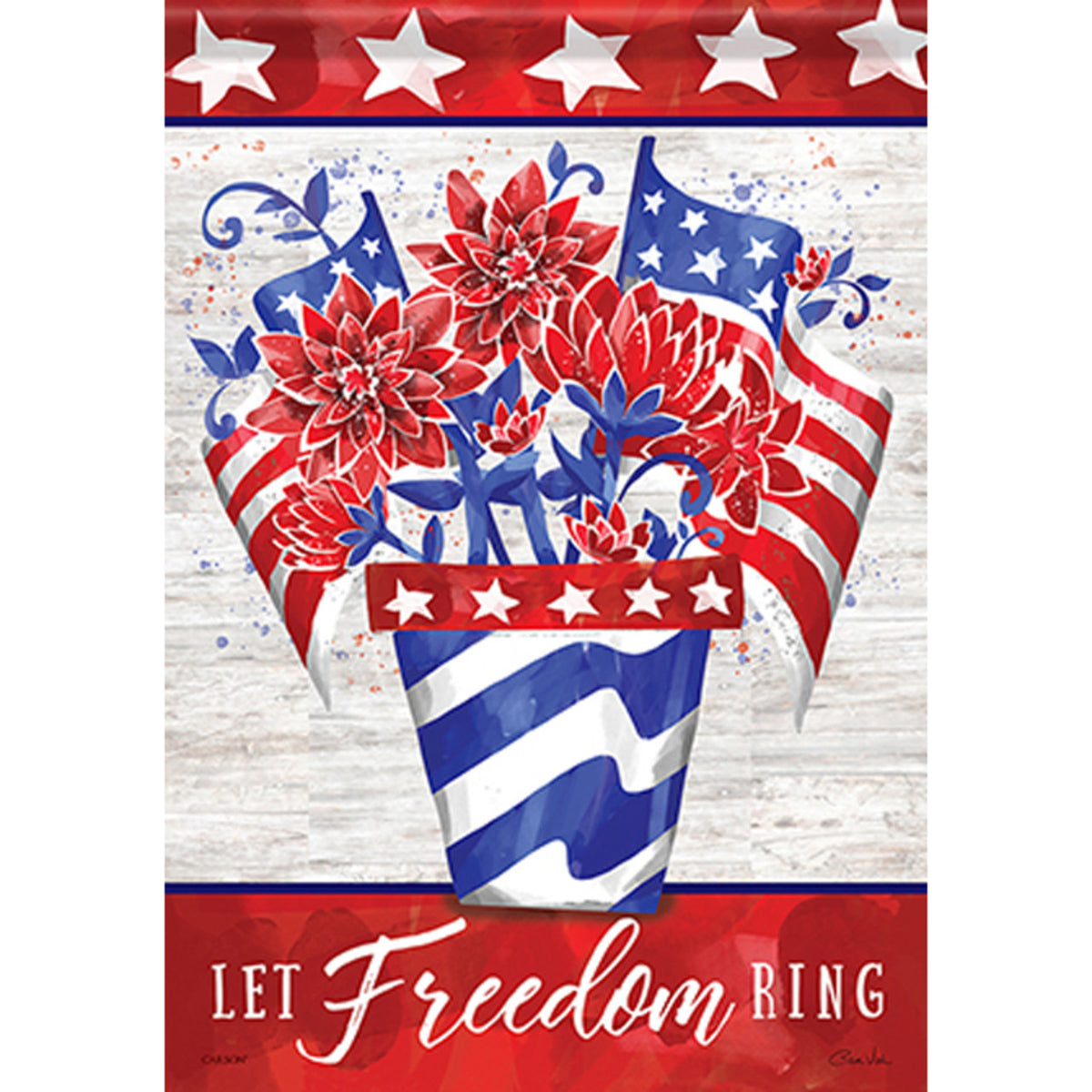 Decorative flag with American flag design, flowers, and 'Let Freedom Ring' text on a white background.