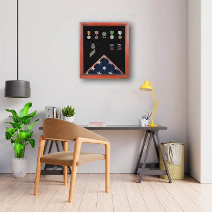 Modern office space with a wooden chair, desk, and framed display with an American Flag and military medals