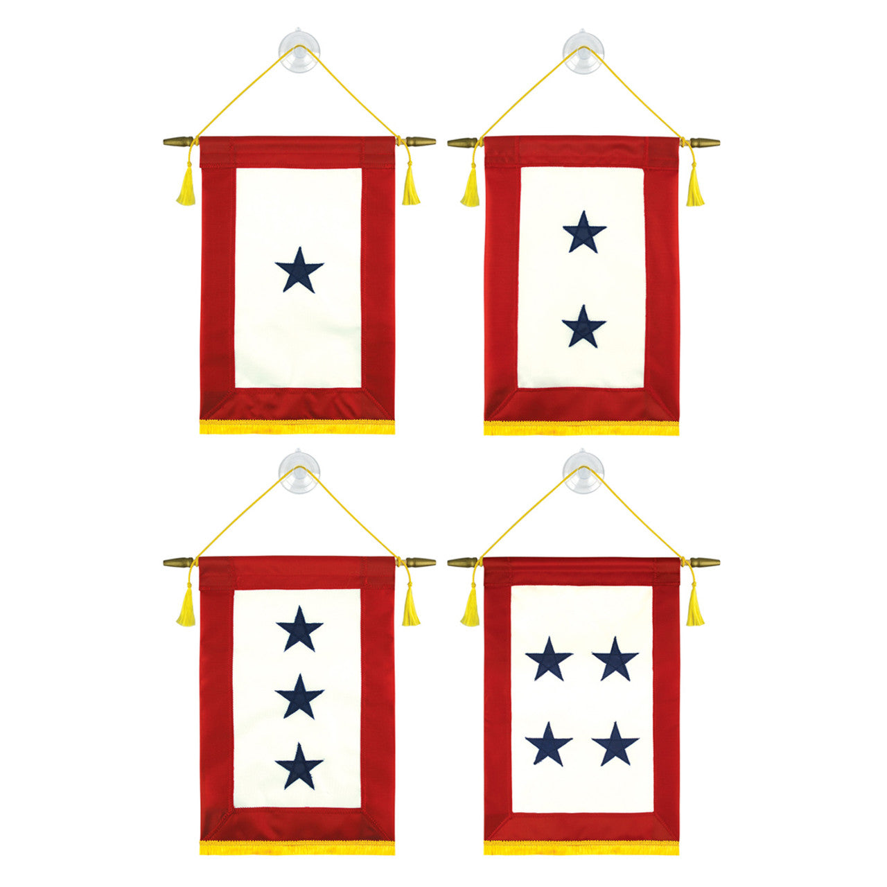 Four blue star service banner, one with one star, one with two stars, one with three stars, and the fourth one has four stars