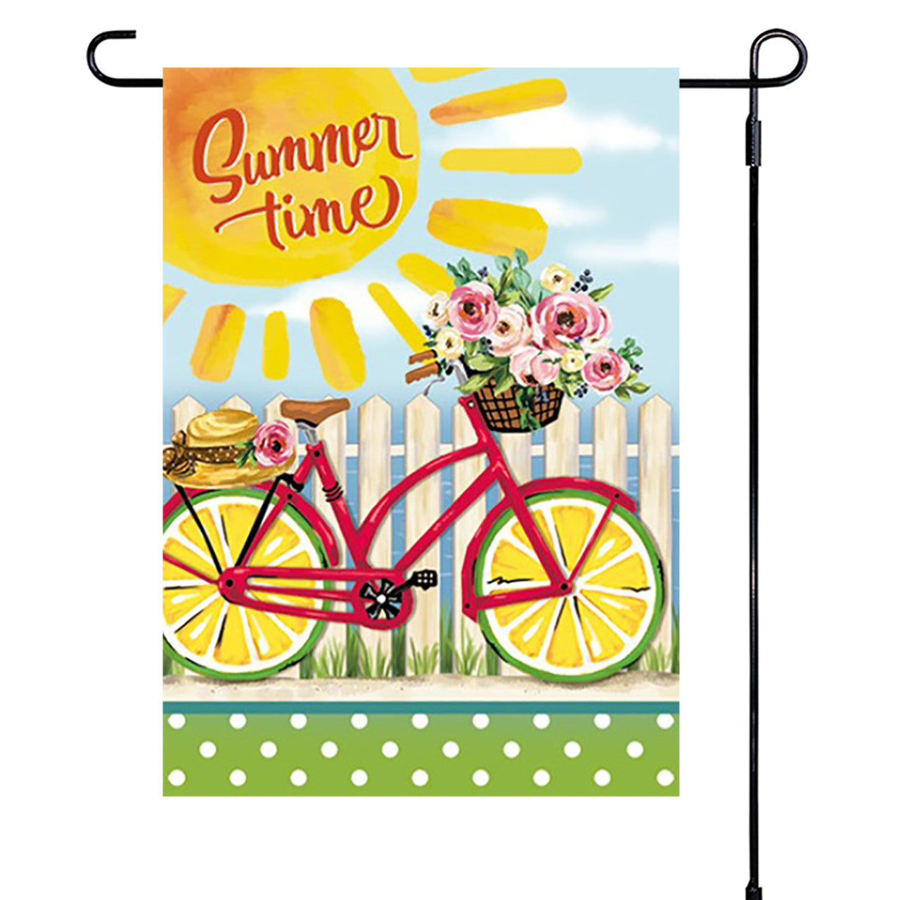 Decorative garden flag with a bicycle, flowers, and 'Summer time' text on a white background.