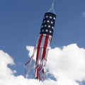 A patriotic windsock designed like an American flag.
