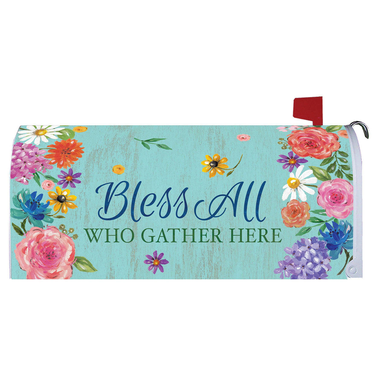 Mailbox cover with floral design and text 'Bless All Who Gather Here' on a light blue background.