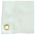 White curtain panel with a gold eyelet on a white background