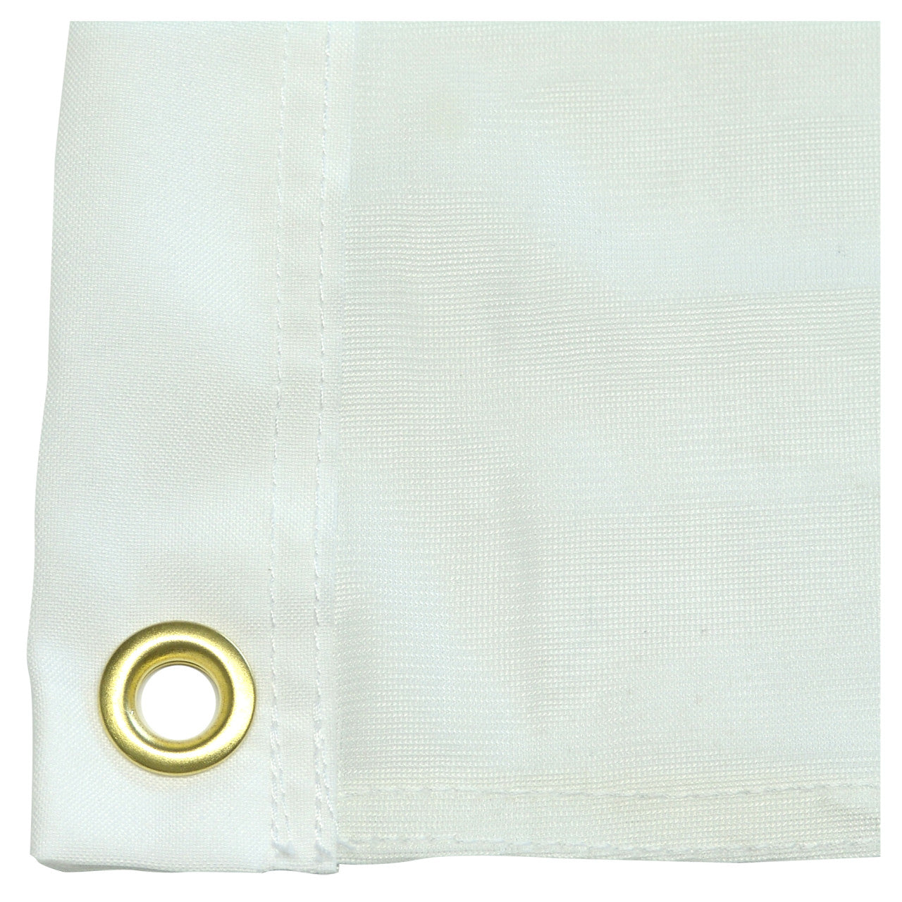 White curtain panel with a gold eyelet on a white background