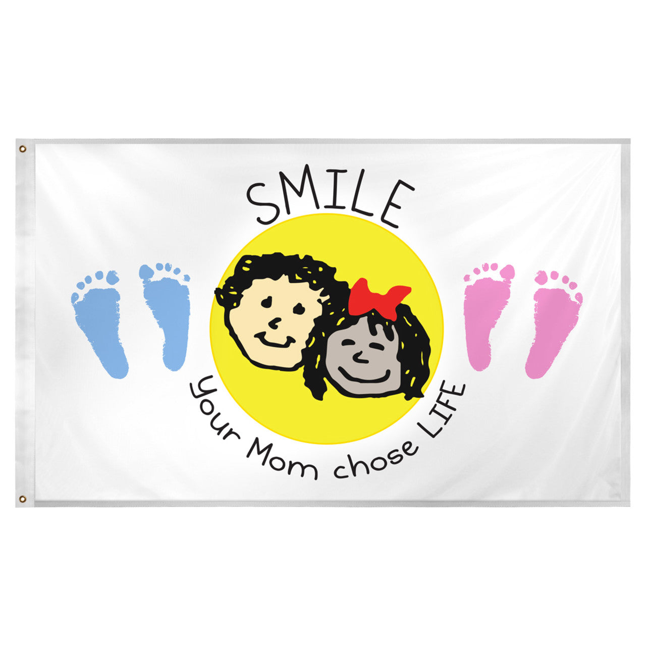 Banner with cartoon faces, feet, and text 'Smile your mom chose life' on a white background