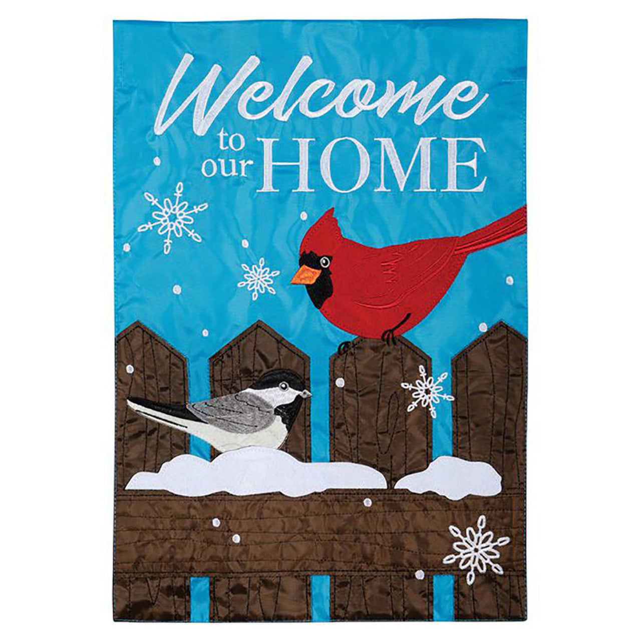 Decorative flag with a cardinal and chickadee on a snowy fence, featuring the text 'Welcome to our HOME'.