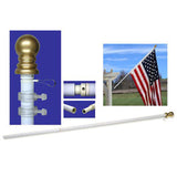 Flagpole assembly with gold ball finial, close-up of components, and American flag on a white background.