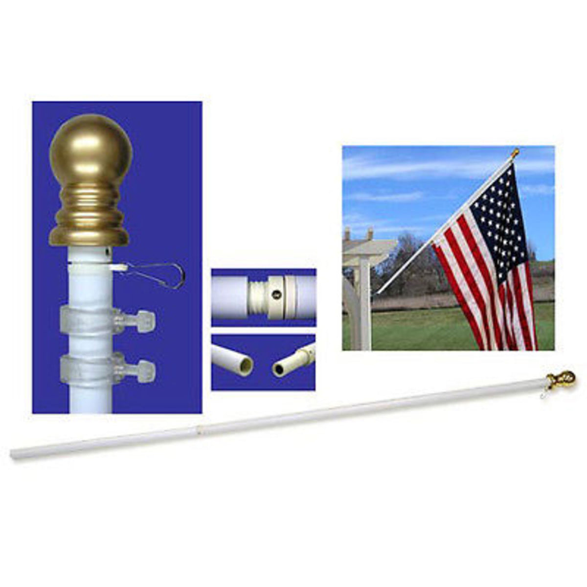 Flagpole assembly with gold ball finial, close-up of components, and American flag on a white background.