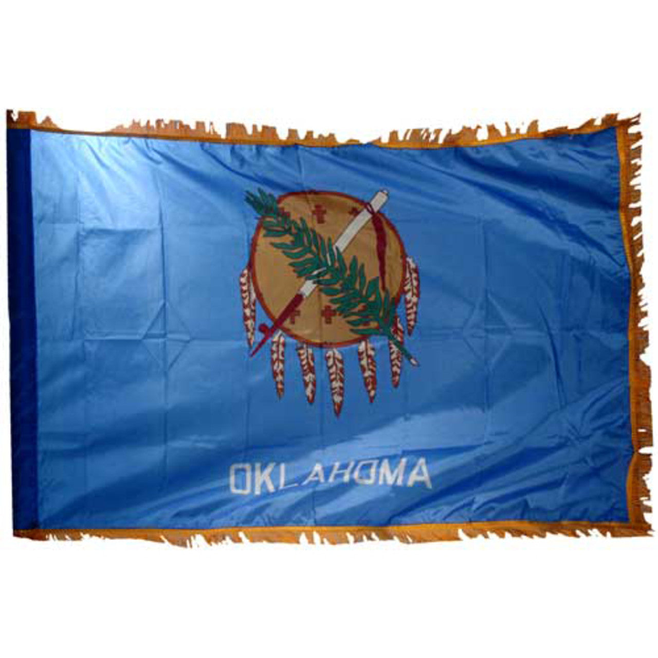State of Oklahoma flag featuring the traditional buffalo-skin shield, peace pipe, olive branch, and white 'Oklahoma' text on a vibrant sky-blue field.  Flag features fringe on the edges