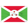 Flag of Burundi with red, green, and white colors and three red stars with green outlines.  Flag is on a white background