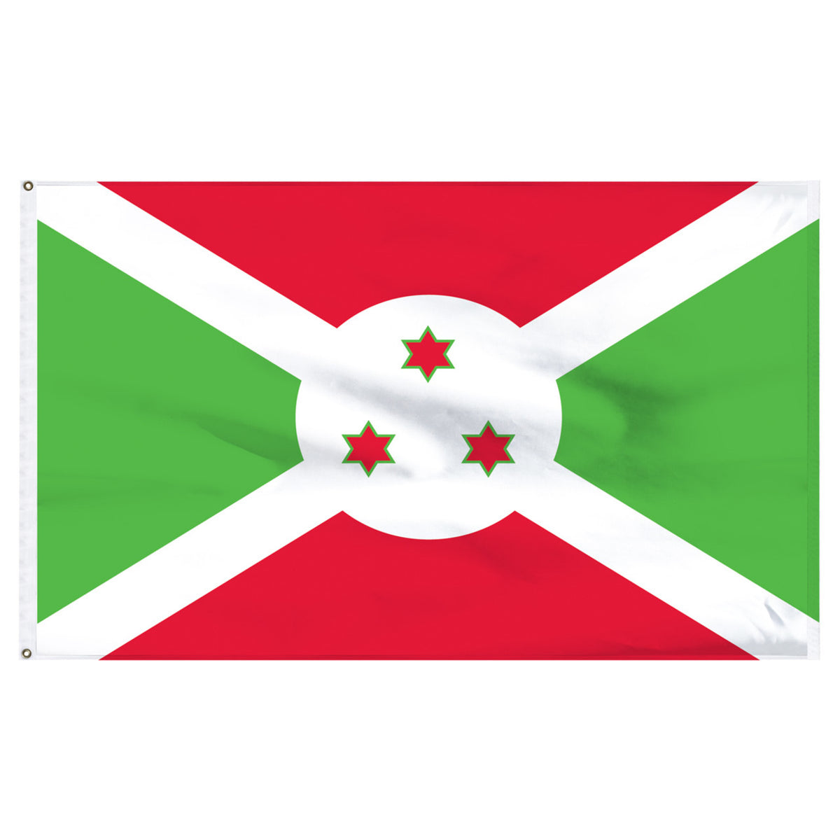 Flag of Burundi with red, green, and white colors and three red stars with green outlines.  Flag is on a white background